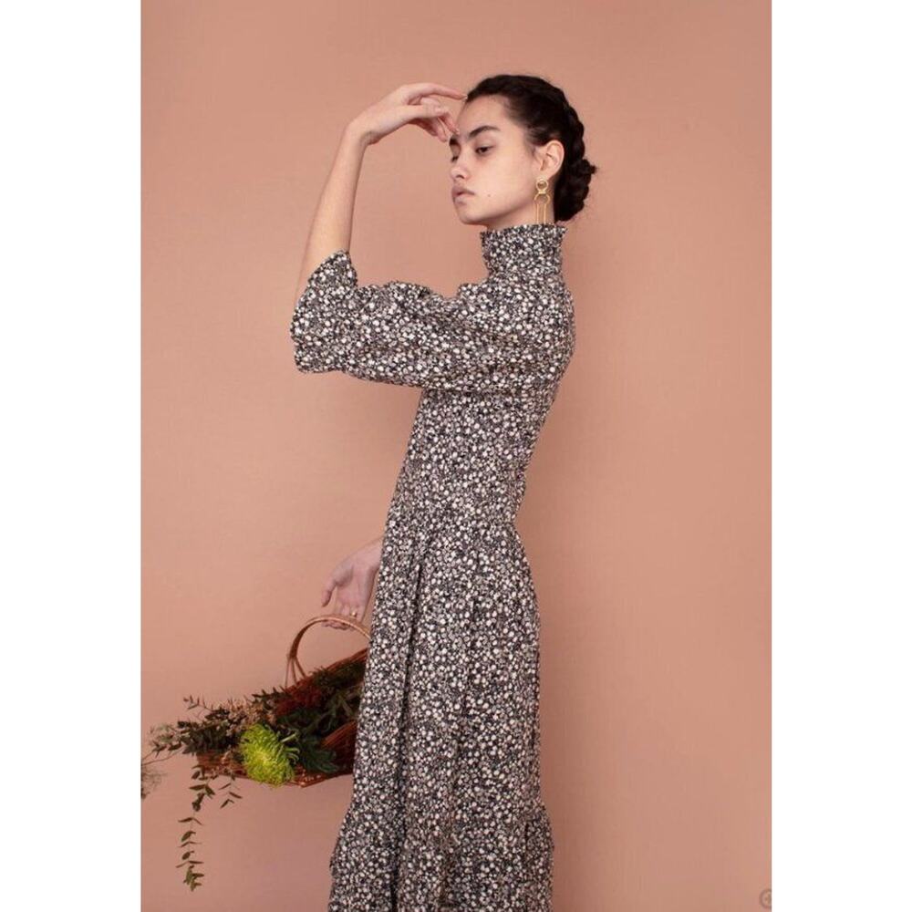 MEADOWS Sz 6 UK 2 US Black White Floral Clematis Dress High Neck Fall 3/4 Sleeve - Picture 15 of 15